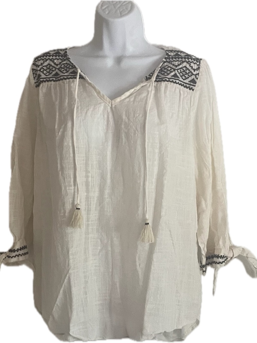 Falls Creek Cream Peasant Tunic with Navy Embroidered Yoke and Cuffs